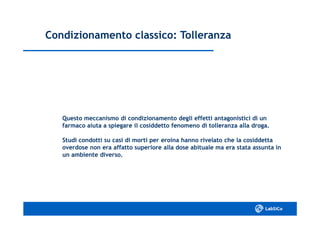 Condizionamento classico: TolleranzaCondizionamento classico: Tolleranza
Questo meccanismo di condizionamento degli effetti antagonistici di unQuesto meccanismo di condizionamento degli effetti antagonistici di un
farmaco aiuta a spiegare il cosiddetto fenomeno di tolleranza alla droga.farmaco aiuta a spiegare il cosiddetto fenomeno di tolleranza alla droga.
Studi condotti su casi di morti per eroina hanno rivelato che la cosiddettaStudi condotti su casi di morti per eroina hanno rivelato che la cosiddetta
overdose non era affatto superiore alla dose abituale ma era stata assunta inoverdose non era affatto superiore alla dose abituale ma era stata assunta in
un ambiente diverso.un ambiente diverso.
 