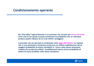 Condizionamento operanteCondizionamento operante
Per Thorndike l’apprendimento è un processo che avviene perPer Thorndike l’apprendimento è un processo che avviene per prove ed erroriprove ed errori
((trial and errortrial and error) grazie al quale aumentano le probabilità che un individuo) grazie al quale aumentano le probabilità che un individuo
produca quelle risposte da cui trae effetti vantaggiosi.produca quelle risposte da cui trae effetti vantaggiosi.
Il principio che sta alla base è condensato nellaIl principio che sta alla base è condensato nella legge dell’effettolegge dell’effetto: le risposte: le risposte
che in una particolare situazione producono un effetto soddisfacente hannoche in una particolare situazione producono un effetto soddisfacente hanno
maggiori probabilità di essere riprodotte in futuro nella stessa situazione:maggiori probabilità di essere riprodotte in futuro nella stessa situazione:
risposta che producono effetti insoddisfacenti hanno minori probabilità dirisposta che producono effetti insoddisfacenti hanno minori probabilità di
essere di nuovo prodotte nella stessa situazione.essere di nuovo prodotte nella stessa situazione.
 