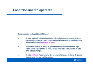 Condizionamento operanteCondizionamento operante
Cosa succede nella gabbia di Skinner?Cosa succede nella gabbia di Skinner?
•• Il topo va in giro in esplorazione. Occasionalmente preme laIl topo va in giro in esplorazione. Occasionalmente preme la leva.leva.
La quantità di volte che il ratto preme la leva nella prima ispezioneLa quantità di volte che il ratto preme la leva nella prima ispezione
viene definito comeviene definito come livello di baselivello di base..
•• Stabilito il livello di base, lo sperimentatore fa in modo cheStabilito il livello di base, lo sperimentatore fa in modo che ogniogni
volta che il topo preme la leva, venga rilasciata una pallina di cibovolta che il topo preme la leva, venga rilasciata una pallina di cibo
che il topo mangia.che il topo mangia.
•• Il ciboIl cibo rinforzarinforza l’operazione del premere la leva e il ritmol’operazione del premere la leva e il ritmo di questadi questa
operazione cresce rapidamente.operazione cresce rapidamente.
 
