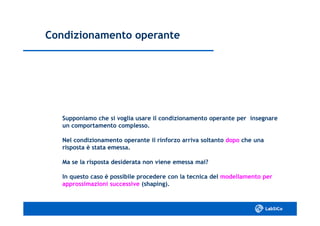 Condizionamento operanteCondizionamento operante
Supponiamo che si voglia usare il condizionamento operante per insegnareSupponiamo che si voglia usare il condizionamento operante per insegnare
un comportamento complesso.un comportamento complesso.
Nel condizionamento operante il rinforzo arriva soltantoNel condizionamento operante il rinforzo arriva soltanto dopodopo che unache una
risposta è stata emessa.risposta è stata emessa.
Ma se la risposta desiderata non viene emessa mai?Ma se la risposta desiderata non viene emessa mai?
In questo caso è possibile procedere con la tecnica delIn questo caso è possibile procedere con la tecnica del modellamento permodellamento per
approssimazioni successiveapprossimazioni successive (shaping).(shaping).
 