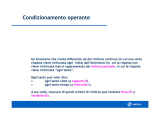 Condizionamento operanteCondizionamento operante
Un fenomeno che risulta differente sia dal rinforzo continuo (in cui una certaUn fenomeno che risulta differente sia dal rinforzo continuo (in cui una certa
risposta viene rinforzata ogni volta) dall’estinzione (in cui la risposta nonrisposta viene rinforzata ogni volta) dall’estinzione (in cui la risposta non
viene rinforzata mai) è rappresentata dalviene rinforzata mai) è rappresentata dal rinforzo parzialerinforzo parziale, in cui la risposta, in cui la risposta
viene rinforzata “ogni tanto”.viene rinforzata “ogni tanto”.
Ogni tanto può voler dire:Ogni tanto può voler dire:
•• ogni tante volte (aogni tante volte (a rapporto Rrapporto R))
•• ogni tanto tempo (aogni tanto tempo (a intervallo Iintervallo I).).
A sua volta, ciascuno di questi schemi di rinforzo può risultareA sua volta, ciascuno di questi schemi di rinforzo può risultare fisso (F)fisso (F) oo
variabile (V).variabile (V).
 