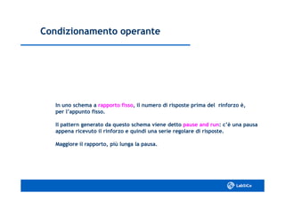 Condizionamento operanteCondizionamento operante
In uno schema aIn uno schema a rapporto fissorapporto fisso, il numero di risposte prima del rinforzo è,, il numero di risposte prima del rinforzo è,
per l’appunto fisso.per l’appunto fisso.
Il pattern generato da questo schema viene dettoIl pattern generato da questo schema viene detto pause and runpause and run: c’è una pausa: c’è una pausa
appena ricevuto il rinforzo e quindi una serie regolare di risposte.appena ricevuto il rinforzo e quindi una serie regolare di risposte.
Maggiore il rapporto, più lunga la pausa.Maggiore il rapporto, più lunga la pausa.
 