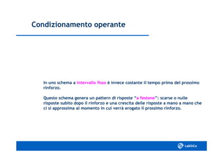 Condizionamento operanteCondizionamento operante
In uno schema aIn uno schema a intervallo fissointervallo fisso è invece costante il tempo prima del prossimoè invece costante il tempo prima del prossimo
rinforzo.rinforzo.
Questo schema genera un pattern di risposte “Questo schema genera un pattern di risposte “a festonea festone”: scarse o nulle”: scarse o nulle
risposte subito dopo il rinforzo e una crescita delle risposte a mano a mano cherisposte subito dopo il rinforzo e una crescita delle risposte a mano a mano che
ci si approssima al momento in cui verrà erogato il prossimo rinforzo.ci si approssima al momento in cui verrà erogato il prossimo rinforzo.
 