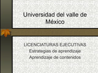 Universidad del valle de México LICENCIATURAS EJECUTIVAS Estrategias de aprendizaje Aprendizaje de contenidos 