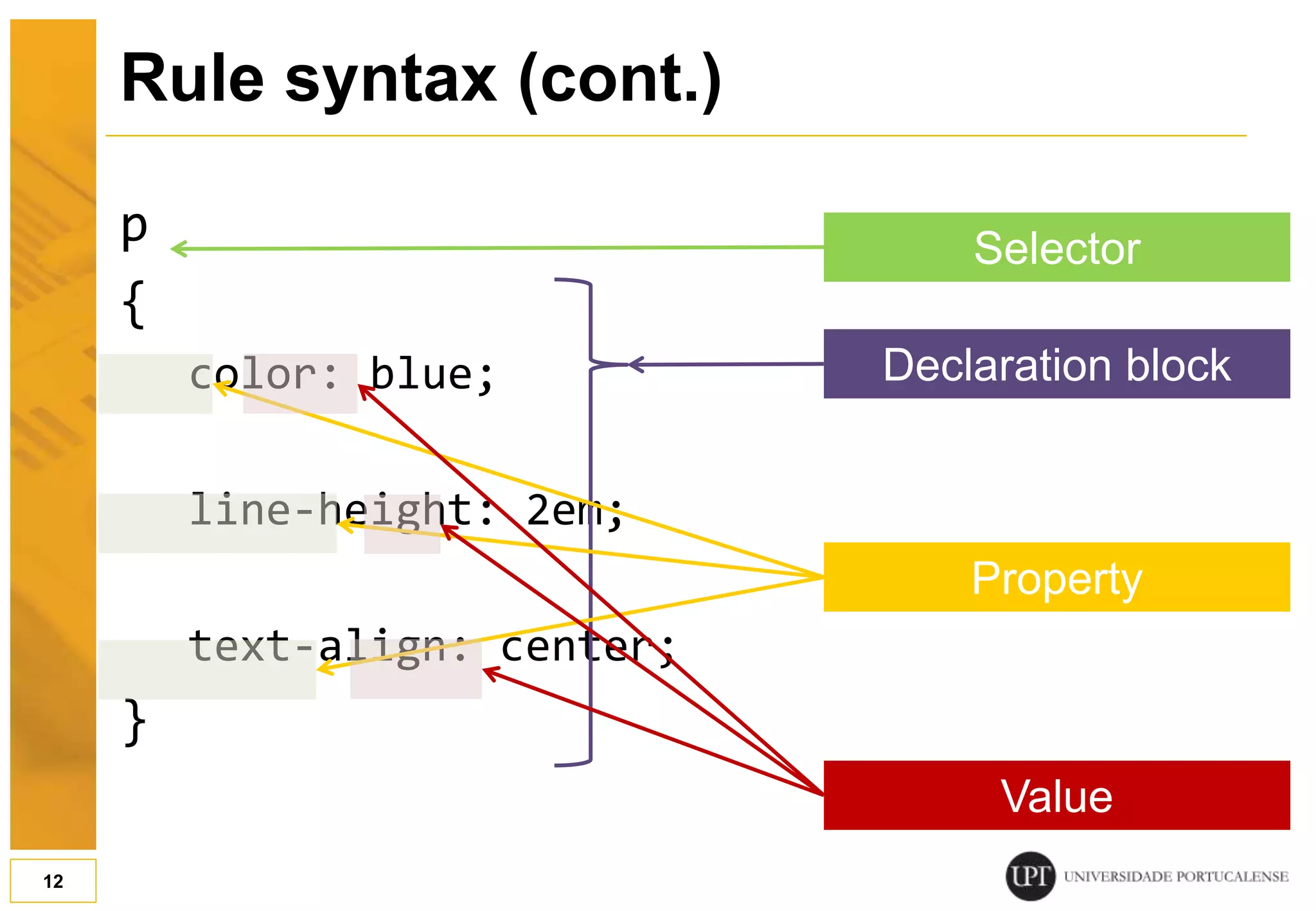 Rule syntax (cont.) p { color: blue; line-height: 2em; text-align: center; } 12 Selector Declaration block Property Value 