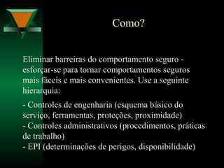 Como?
Eliminar barreiras do comportamento seguro -
esforçar-se para tornar comportamentos seguros
mais fáceis e mais convenientes. Use a seguinte
hierarquia:
- Controles de engenharia (esquema básico do
serviço, ferramentas, proteções, proximidade)
- Controles administrativos (procedimentos, práticas
de trabalho)
- EPI (determinações de perigos, disponibilidade)
 