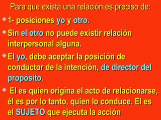 Para que exista una relación es preciso de:Para que exista una relación es preciso de:
 1- posiciones1- posiciones yoyo yy otro.otro.
 SinSin el otroel otro no puede existir relaciónno puede existir relación
interpersonal alguna.interpersonal alguna.
 ElEl yoyo, debe aceptar la posición de, debe aceptar la posición de
conductor de la intención,conductor de la intención, de directorde director deldel
propósitopropósito..
 El es quien origina el acto de relacionarse,El es quien origina el acto de relacionarse,
él es por lo tanto, quien lo conduce. El esél es por lo tanto, quien lo conduce. El es
elel SUJETOSUJETO que ejecuta la acciónque ejecuta la acción
 