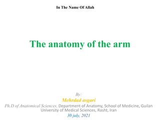 The anatomy of the arm
By:
Mehrdad asgari
Ph.D of Anatomical Sciences, Department of Anatomy, School of Medicine, Guilan
University of Medical Sciences, Rasht, Iran
30 july, 2021
In The Name Of Allah
 