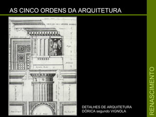 RENASCIMENTORENASCIMENTO
AS CINCO ORDENS DA ARQUITETURAAS CINCO ORDENS DA ARQUITETURA
DETALHES DE ARQUITETURADETALHES DE ARQUITETURA
DÓRICA segundo VIGNOLADÓRICA segundo VIGNOLA
 