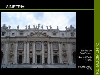 RENASCIMENTORENASCIMENTO
SIMETRIASIMETRIA
Basílica deBasílica de
São Pedro,São Pedro,
Roma (1546-Roma (1546-
1564),1564),
MICHELANGMICHELANG
ELOELO
 