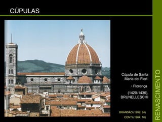 RENASCIMENTORENASCIMENTO
CÚPULASCÚPULAS
Cúpula de SantaCúpula de Santa
Maria dei FioriMaria dei Fiori
- FlorençaFlorença
(1420-1436),(1420-1436),
BRUNELLESCHIBRUNELLESCHI
BRANDÃO (1999: 94)
CONTI (1984: 16)
 