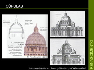 RENASCIMENTORENASCIMENTO
CÚPULASCÚPULAS
Cúpula de São Pedro - Roma (1588-1591), MICHELANGELOCúpula de São Pedro - Roma (1588-1591), MICHELANGELO
 