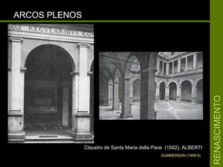 RENASCIMENTORENASCIMENTO
ARCOS PLENOSARCOS PLENOS
Claustro de Santa Maria della Pace (1502), ALBERTIClaustro de Santa Maria della Pace (1502), ALBERTI
SUMMERSON (1999:8)
 