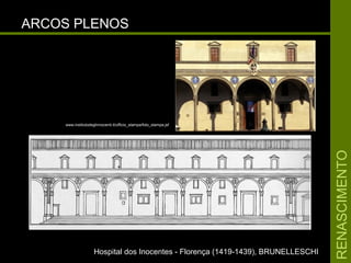 RENASCIMENTORENASCIMENTO
ARCOS PLENOSARCOS PLENOS
Hospital dos Inocentes - Florença (1419-1439), BRUNELLESCHIHospital dos Inocentes - Florença (1419-1439), BRUNELLESCHI
www.institutodeglinnocenti.it/ufficio_stampa/foto_stampa.jsf
 