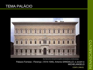 RENASCIMENTORENASCIMENTO
TEMA PALÁCIOTEMA PALÁCIO
Palazzo Farnese - Florença (1514-1546), Antonio SANGALLO, o Jovem ePalazzo Farnese - Florença (1514-1546), Antonio SANGALLO, o Jovem e
MICHELANGELOMICHELANGELO
CONTI (1984:8)
http://www.canino.info/inserti/monografie/i_farnese/palazzo_roma/facciata.jpg
 