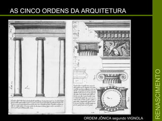 RENASCIMENTORENASCIMENTO
AS CINCO ORDENS DA ARQUITETURAAS CINCO ORDENS DA ARQUITETURA
ORDEM JÔNICA segundo VIGNOLAORDEM JÔNICA segundo VIGNOLA
 