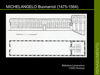 RENASCIMENTORENASCIMENTO
MICHELANGELO Buonarroti (1475-1564)MICHELANGELO Buonarroti (1475-1564)
Biblioteca LaurenzianaBiblioteca Laurenziana
(1525) Florença(1525) Florença
 