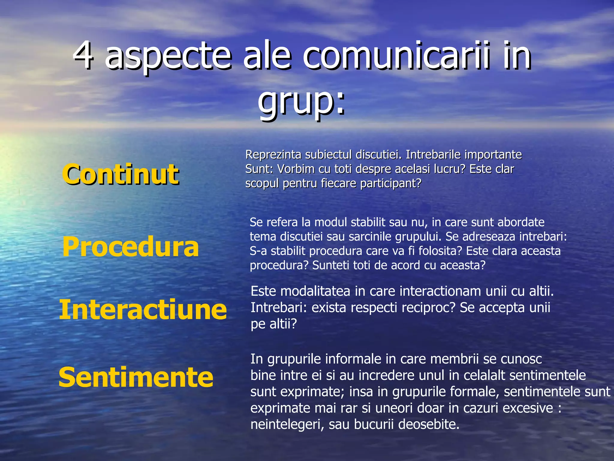 4 aspecte ale comunicarii in grup: Continut Procedura Interactiune Sentimente Reprezinta subiectul discutiei. Intrebarile importante Sunt: Vorbim cu toti despre acelasi lucru? Este clar scopul pentru fiecare participant? Se refera la modul stabilit sau nu, in care sunt abordate  tema discutiei sau sarcinile grupului. Se adreseaza intrebari: S-a stabilit procedura care va fi folosita? Este clara aceasta  procedura? Sunteti toti de acord cu aceasta? Este modalitatea in care interactionam unii cu altii.  Intrebari: exista respecti reciproc? Se accepta unii  pe altii?  In grupurile informale in care membrii se cunosc  bine intre ei si au incredere unul in celalalt sentimentele sunt exprimate; insa in grupurile formale, sentimentele sunt  exprimate mai rar si uneori doar in cazuri excesive : neintelegeri, sau bucurii deosebite. 