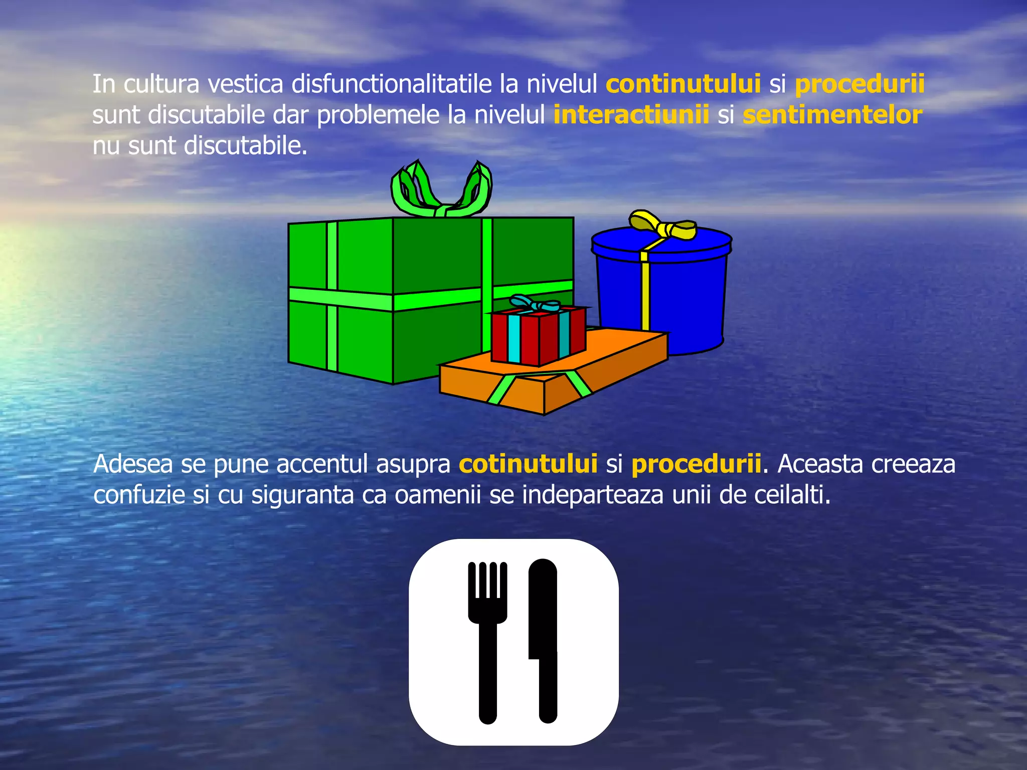 In cultura vestica disfunctionalitatile la nivelul  continutului  si  procedurii   sunt discutabile dar problemele la nivelul  interactiunii  si  sentimentelor nu sunt discutabile.  Adesea se pune accentul asupra  cotinutului  si  procedurii . Aceasta creeaza  confuzie si cu siguranta ca oamenii se indeparteaza unii de ceilalti. 