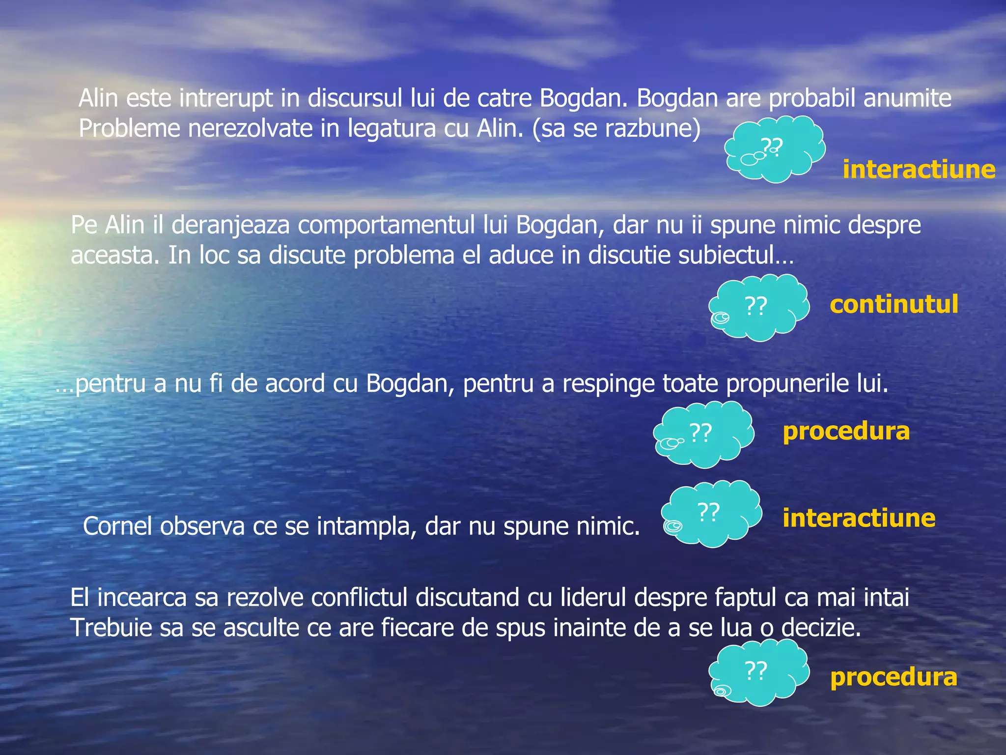 Alin este intrerupt in discursul lui de catre Bogdan. Bogdan are probabil anumite Probleme nerezolvate in legatura cu Alin. (sa se razbune)  ?? interactiune Pe Alin il deranjeaza comportamentul lui Bogdan, dar nu ii spune nimic despre  aceasta. In loc sa discute problema el aduce in discutie subiectul… ?? continutul … pentru a nu fi de acord cu Bogdan, pentru a respinge toate propunerile lui. ?? procedura Cornel observa ce se intampla, dar nu spune nimic. ?? interactiune El incearca sa rezolve conflictul discutand cu liderul despre faptul ca mai intai Trebuie sa se asculte ce are fiecare de spus inainte de a se lua o decizie. ?? procedura 