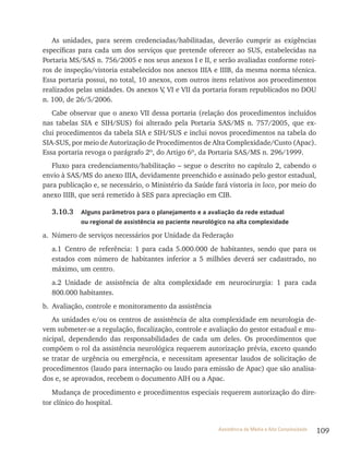 109Assistência de Média e Alta Complexidade
As unidades, para serem credenciadas/habilitadas, deverão cumprir as exigências
específicas para cada um dos serviços que pretende oferecer ao SUS, estabelecidas na
Portaria MS/SAS n. 756/2005 e nos seus anexos I e II, e serão avaliadas conforme rotei-
ros de inspeção/vistoria estabelecidos nos anexos IIIA e IIIB, da mesma norma técnica.
Essa portaria possui, no total, 10 anexos, com outros itens relativos aos procedimentos
realizados pelas unidades. Os anexos v, vI e vII da portaria foram republicados no DOU
n. 100, de 26/5/2006.
Cabe observar que o anexo vII dessa portaria (relação dos procedimentos incluídos
nas tabelas SIA e SIH/SUS) foi alterado pela Portaria SAS/MS n. 757/2005, que ex-
clui procedimentos da tabela SIA e SIH/SUS e inclui novos procedimentos na tabela do
SIA-SUS, por meio de Autorização de Procedimentos de Alta Complexidade/Custo (Apac).
Essa portaria revoga o parágrafo 2º, do Artigo 6º, da Portaria SAS/MS n. 296/1999.
Fluxo para credenciamento/habilitação – segue o descrito no capítulo 2, cabendo o
envio à SAS/MS do anexo IIIA, devidamente preenchido e assinado pelo gestor estadual,
para publicação e, se necessário, o Ministério da Saúde fará vistoria in loco, por meio do
anexo IIIB, que será remetido à SES para apreciação em CIB.
3.10.3 Alguns parâmetros para o planejamento e a avaliação da rede estadual
ou regional de assistência ao paciente neurológico na alta complexidade
a. Número de serviços necessários por Unidade da Federação
a.1 Centro de referência: 1 para cada 5.000.000 de habitantes, sendo que para os
estados com número de habitantes inferior a 5 milhões deverá ser cadastrado, no
máximo, um centro.
a.2 Unidade de assistência de alta complexidade em neurocirurgia: 1 para cada
800.000 habitantes.
b. Avaliação, controle e monitoramento da assistência
As unidades e/ou os centros de assistência de alta complexidade em neurologia de-
vem submeter-se a regulação, fiscalização, controle e avaliação do gestor estadual e mu-
nicipal, dependendo das responsabilidades de cada um deles. Os procedimentos que
compõem o rol da assistência neurológica requerem autorização prévia, exceto quando
se tratar de urgência ou emergência, e necessitam apresentar laudos de solicitação de
procedimentos (laudo para internação ou laudo para emissão de Apac) que são analisa-
dos e, se aprovados, recebem o documento AIH ou a Apac.
Mudança de procedimento e procedimentos especiais requerem autorização do dire-
tor clínico do hospital.
 
