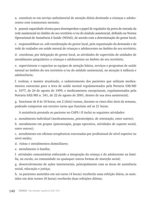 140 CONASS Para entender a gestão do SUS / 2011
a. constituir-se em serviço ambulatorial de atenção diária destinado a crianças e adoles-
centes com transtornos mentais;
b. possuir capacidade técnica para desempenhar o papel de regulador da porta de entrada da
rede assistencial no âmbito do seu território e/ou do módulo assistencial, definido na Norma
Operacional de Assistência à Saúde (NOAS), de acordo com a determinação do gestor local;
c. responsabilizar-se, sob coordenação do gestor local, pela organização da demanda e da
rede de cuidados em saúde mental de crianças e adolescentes no âmbito do seu território;
d. coordenar, por delegação do gestor local, as atividades de supervisão de unidades de
atendimento psiquiátrico a crianças e adolescentes no âmbito do seu território;
e. supervisionar e capacitar as equipes de atenção básica, serviços e programas de saúde
mental no âmbito do seu território e/ou do módulo assistencial, na atenção à infância e
adolescência;
f. realizar, e manter atualizado, o cadastramento dos pacientes que utilizam medica-
mentos essenciais para a área de saúde mental regulamentados pela Portaria GM/MS
n. 1077, de 24 de agosto de 1999, e medicamentos excepcionais, regulamentados pela
Portaria SAS/MS n. 341, de 22 de agosto de 2001, dentro de sua área assistencial;
g. funcionar de 8 às 18 horas, em 2 (dois) turnos, durante os cinco dias úteis da semana,
podendo comportar um terceiro turno que funcione até as 21 horas.
A assistência prestada ao paciente no CAPS i II inclui as seguintes atividades:
a. atendimento individual (medicamentoso, psicoterápico, de orientação, entre outros);
b. atendimento em grupos (psicoterapia, grupo operativo, atividades de suporte social,
entre outros);
c. atendimento em oficinas terapêuticas executadas por profissional de nível superior ou
nível médio;
d. visitas e atendimentos domiciliares;
e. atendimento à família;
f. atividades comunitárias enfocando a integração da criança e do adolescente na famí-
lia, na escola, na comunidade ou quaisquer outras formas de inserção social;
g. desenvolvimento de ações intersetoriais, principalmente com as áreas de assistência
social, educação e justiça;
h. os pacientes assistidos em um turno (4 horas) receberão uma refeição diária, os assis-
tidos em dois turnos (8 horas) receberão duas refeições diárias;
 