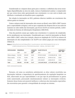 16 CONASS Para entender a gestão do SUS / 2011
Considerando-se o impacto desse gasto para o sistema e a influência das novas tecno-
logias disponibilizadas na área da saúde, torna-se fundamental analisar e compreender
por que certas áreas estão apresentando esse crescimento e se este está se dando com
eficiência e resultando em benefícios para a população.
Em relação às internações no SUS, podemos observar também um crescimento dos
valores gastos no sistema.
Como o número total de internações não cresceu no Brasil, entre 2003 e 2007 (exceto
para a especialidade cirúrgica), nota-se que a expansão das despesas deu-se em razão do
aumento no valor médio das internações, que foi de 33,91% no mesmo período, confor-
me dados do Sistema de Informações Hospitalares (SIH/SUS).
Uma das possíveis causas que explica esse crescimento é o aumento da complexida-
de do atendimento nas internações. Considerando que o total de internações no Brasil,
entre 2003 e 2007, sofreu leve redução, observa-se ampliação de 15,07% no número de
internações de alta complexidade e de 33,07% nos valores pagos por essas internações
(Tabela 2).
Tabela 2 Frequência de internações e valor anual nos procedimentos de alta
complexidade no sus, por especialidade – brasil, em 2003 e 2007
eSpeciAlidAde FreqUênciA VAriAçãO
% 2003 -
2007
VAlOr TOTAl r$ VAriAçãO %
2003 - 2007
2003 2007 2003 2007
Clínica cirúrgica 312.556 365.633 16,98 979.015.316,08 1.310.036.267,28 33,81
Clínica médica 67.158 72.049 7,28 48.642.401,61 58.506.167,48 20,28
Pediatria 9.169 9.806 6,95 5.951.630,95 6.858.327,44 15,23
Total 388.883 447.488 15,07 1.033.609.348,64 1.375.400.762,20 33,07
FONTE: SIH/SUS/DATASUS/MS.
Portanto, tal como na assistência ambulatorial, os altos valores envolvidos nas
internações indicam a importância do aperfeiçoamento da regulação hospitalar no
SUS, observando em que especialidades e em que tipo de procedimentos os gastos
estão aumentando, procurando simultaneamente reduzir as internações evitáveis.
Somente dessa forma será possível melhorar a cobertura das internações especializa-
das necessárias para garantir a integralidade da atenção no sistema.
 