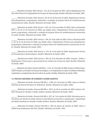 199Assistência de Média e Alta Complexidade
______. Ministério da Saúde. RDC/Anvisa n. 151, de 21 de agosto de 2001. Aprova Regulamento Téc-
nico sobre Níveis de Complexidade dos Serviços de Hemoterapia. Brasília: Ministério da Saúde, 2001.
______. Ministério da Saúde. RDC/Anvisa n. 50, de 21 de fevereiro de 2002. Regulamento Técnico
para planejamento, programação, elaboração e avaliação de projetos físicos de estabelecimentos
assistenciais de saúde. Brasília: Ministério da Saúde, 2002.
______. Ministério da Saúde. RDC/Anvisa n. 307, de 14 de novembro de 2002. Altera a Resolução
RDC n. 50, de 21 de fevereiro de 2002. que dispõe sobre o Regulamento Técnico para planeja-
mento, programação, elaboração e avaliação de projetos físicos de estabelecimentos assistenciais
de saúde. Brasília: Ministério da Saúde, 2002.
______. Ministério da Saúde. RDC/Anvisa n. 189, de 18 de julho de 2003. Altera a Resolução RDC
n. 50, de 21 de fevereiro de 2002, que dispõe sobre o Regulamento Técnico para planejamento,
programação, elaboração e avaliação de projetos físicos de estabelecimentos assistenciais de saú-
de. Brasília: Ministério da Saúde, 2003.
______. Ministério da Saúde. RDC/Anvisa n. 153, de 14 de junho de 2004. Regulamento Técnico
de Procedimentos Hemoterápicos. Brasília: Ministério da Saúde, 2004.
______. Ministério da Saúde. RDC/Anvisa n. 306, de 6 de dezembro de 2004. Conama – define o
Regulamento Técnico para o gerenciamento de resíduos de serviços da saúde. Brasília: Ministério
da Saúde, 2004.
______. Ministério da Saúde. Portaria GM/MS n. 1.161, de 7 de julho de 2005. Institui a Política Nacio-
nal de Atenção ao Portador de Doença Neurológica, a ser implantada em todas as Unidades Federadas,
respeitadas as competências das três esferas de gestão. Brasília: Ministério da Saúde, 2005.
12. POLÍTICA NACIONAL DE ATENÇÃO À SAÚDE AUDITIVA
______. Ministério da Saúde. Portaria GM/MS n. 1.060, de 5 de junho de 2002. Aprova a Política
Nacional da Pessoa Portadora de Deficiência. Brasília: Ministério da Saúde, 2002.
______. Ministério da Saúde. Portaria GM/MS n. 2073, de 28 de setembro de 2004. Institui a Po-
lítica Nacional de Atenção à Saúde Auditiva. Brasília: Ministério da Saúde, 2004.
______. Ministério da Saúde. Portaria SAS/MS n. 587, de 7 de outubro de 2004. Determina que as
Secretarias de Estado da Saúde adotem as providências necessárias à organização e implantação
das Redes Estaduais de Atenção à Saúde Auditiva. Brasília: Ministério da Saúde, 2004.
______. Ministério da Saúde. Portaria SAS/MS n. 589, de agosto de outubro de 2004. Altera a
tabela de procedimentos SIA/SUS. Brasília: Ministério da Saúde, 1995.
 
