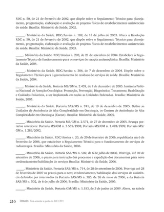 210 CONASS Para entender a gestão do SUS / 2011
RDC n. 50, de 21 de fevereiro de 2002, que dispõe sobre o Regulamento Técnico para planeja-
mento, programação, elaboração e avaliação de projetos físicos de estabelecimentos assistenciais
de saúde. Brasília: Ministério da Saúde, 2002.
______. Ministério da Saúde. RDC/Anvisa n. 189, de 18 de julho de 2003. Altera a Resolução
RDC n. 50, de 21 de fevereiro de 2002, que dispõe sobre o Regulamento Técnico para planeja-
mento, programação, elaboração e avaliação de projetos físicos de estabelecimentos assistenciais
de saúde. Brasília: Ministério da Saúde, 2003.
_____. Ministério da Saúde. RDC/Anvisa n. 220, de 21 de setembro de 2004. Estabelece o Regu-
lamento Técnico de funcionamento para os serviços de terapia antineoplásica. Brasília: Ministério
da Saúde, 2004.
______. Ministério da Saúde. RDC/Anvisa n. 306, de 7 de dezembro de 2004. Dispõe sobre o
Regulamento Técnico para o gerenciamento de resíduos de serviços de saúde. Brasília: Ministério
da Saúde, 2004.
_____. Ministério da Saúde. Portaria MS/GM n. 2.439, de 8 de dezembro de 2005. Institui a Políti-
ca Nacional de Atenção Oncológica: Promoção, Prevenção, Diagnóstico, Tratamento, Reabilitação
e Cuidados Paliativos, a ser implantada em todas as Unidades Federadas. Brasília: Ministério da
Saúde, 2005.
______. Ministério da Saúde. Portaria SAS/MS n. 741, de 19 de dezembro de 2005. Define as
Unidades de Assistência de Alta Complexidade em Oncologia, os Centros de Assistência de Alta
Complexidade em Oncologia (Cacon). Brasília: Ministério da Saúde, 2005.
______. Ministério da Saúde. Portaria MS/GM n. 2.571, de 27 de dezembro de 2005. Revoga por-
tarias anteriores: Portaria MS/GM n. 3.535/1998, Portaria MS/GM n. 1.478/1999, Portaria MS/
GM n. 1.289/2002.
______. Ministério da Saúde. RDC/Anvisa n. 20, de 20 de fevereiro de 2006, republicada em 6 de
fevereiro de 2006, que estabelece o Regulamento Técnico para o funcionamento de serviços de
radioterapia. Brasília: Ministério da Saúde, 2006.
______. Ministério da Saúde. Portaria SAS/MS n. 502, de 6 de julho de 2006. Prorroga, até 30 de
setembro de 2006, o prazo para instrução dos processos e expedição dos documentos para novo
credenciamento/habilitação de serviços Brasília: Ministério da Saúde, 2006.
_____. Ministério da Saúde. Portaria SAS/MS n. 714, de 28 de setembro de 2006. Prorroga até 28
de fevereiro de 2007 os prazos para o novo credenciamento/habilitação dos serviços de assistên-
cia definidos por intermédio da Portaria SAS/MS n. 385, de 26 de maio de 2006, e da Portaria
SAS/MS n. 502, de 6 de julho de 2006. Brasília: Ministério da Saúde, 2006.
______. Ministério da Saúde. Portaria GM/MS n. 1.183, de 3 de junho de 2009. Altera, na tabela
 