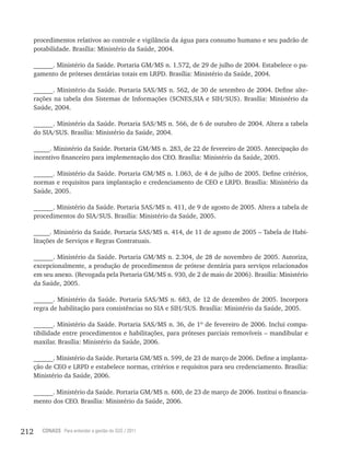 212 CONASS Para entender a gestão do SUS / 2011
procedimentos relativos ao controle e vigilância da água para consumo humano e seu padrão de
potabilidade. Brasília: Ministério da Saúde, 2004.
______. Ministério da Saúde. Portaria GM/MS n. 1.572, de 29 de julho de 2004. Estabelece o pa-
gamento de próteses dentárias totais em LRPD. Brasília: Ministério da Saúde, 2004.
______. Ministério da Saúde. Portaria SAS/MS n. 562, de 30 de setembro de 2004. Define alte-
rações na tabela dos Sistemas de Informações (SCNES,SIA e SIH/SUS). Brasília: Ministério da
Saúde, 2004.
______. Ministério da Saúde. Portaria SAS/MS n. 566, de 6 de outubro de 2004. Altera a tabela
do SIA/SUS. Brasília: Ministério da Saúde, 2004.
_____. Ministério da Saúde. Portaria GM/MS n. 283, de 22 de fevereiro de 2005. Antecipação do
incentivo financeiro para implementação dos CEO. Brasília: Ministério da Saúde, 2005.
______. Ministério da Saúde. Portaria GM/MS n. 1.063, de 4 de julho de 2005. Define critérios,
normas e requisitos para implantação e credenciamento de CEO e LRPD. Brasília: Ministério da
Saúde, 2005.
______. Ministério da Saúde. Portaria SAS/MS n. 411, de 9 de agosto de 2005. Altera a tabela de
procedimentos do SIA/SUS. Brasília: Ministério da Saúde, 2005.
_____. Ministério da Saúde. Portaria SAS/MS n. 414, de 11 de agosto de 2005 – Tabela de Habi-
litações de Serviços e Regras Contratuais.
______. Ministério da Saúde. Portaria GM/MS n. 2.304, de 28 de novembro de 2005. Autoriza,
excepcionalmente, a produção de procedimentos de prótese dentária para serviços relacionados
em seu anexo. (Revogada pela Portaria GM/MS n. 930, de 2 de maio de 2006). Brasília: Ministério
da Saúde, 2005.
______. Ministério da Saúde. Portaria SAS/MS n. 683, de 12 de dezembro de 2005. Incorpora
regra de habilitação para consistências no SIA e SIH/SUS. Brasília: Ministério da Saúde, 2005.
______. Ministério da Saúde. Portaria SAS/MS n. 36, de 1º de fevereiro de 2006. Inclui compa-
tibilidade entre procedimentos e habilitações, para próteses parciais removíveis – mandibular e
maxilar. Brasília: Ministério da Saúde, 2006.
______. Ministério da Saúde. Portaria GM/MS n. 599, de 23 de março de 2006. Define a implanta-
ção de CEO e LRPD e estabelece normas, critérios e requisitos para seu credenciamento. Brasília:
Ministério da Saúde, 2006.
______. Ministério da Saúde. Portaria GM/MS n. 600, de 23 de março de 2006. Institui o financia-
mento dos CEO. Brasília: Ministério da Saúde, 2006.
 