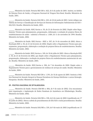 220 CONASS Para entender a gestão do SUS / 2011
______. Ministério da Saúde. Portaria MS/GM n. 822, de 6 de junho de 2001. Institui, no âmbito
do Sistema Único de Saúde, o Programa Nacional de Triagem Neo-Natal. Brasília: Ministério da
Saúde, 2001.
______. Ministério da Saúde. Portaria SAS/MS n. 223, de 22 de junho de 2001. Inclui códigos nas
Tabelas de Serviço e Classificação de Serviços do Sistema de Informações Ambulatoriais do SUS –
SIA/SUS. Brasília: Ministério da Saúde, 2001.
______. Ministério da Saúde. RDC/Anvisa n. 50, de 21 de fevereiro de 2002. Dispõe sobre Regu-
lamento Técnico para planejamento, programação, elaboração e avaliação de projetos físicos de
estabelecimentos de saúde – substitui a Portaria n. 1.884, de 11 de novembro de 1994. Brasília:
Ministério da Saúde, 2002.
______. Ministério da Saúde. RDC/Anvisa – RDC n. 307, de 14 de novembro de 2002. Altera a
Resolução RDC n. 50, de 21 de fevereiro de 2002. Dispõe sobre o Regulamento Técnico para pla-
nejamento, programação, elaboração e avaliação de projetos físicos de estabelecimentos. Brasília:
Ministério da Saúde, 2002.
______. Ministério da Saúde. RDC/Anvisa n. 189, de 18 de julho de 2003. Altera a Resolução RDC
n. 50, de 21 de fevereiro de 2002, que dispõe sobre o Regulamento Técnico para planejamento,
programação, elaboração e avaliação de projetos físicos de estabelecimentos assistenciais de saú-
de. Brasília: Ministério da Saúde, 2003.
______. Ministério da Saúde. RDC/Anvisa n. 306, de 7 de dezembro de 2004. Dispõe sobre o
Regulamento Técnico para o gerenciamento de resíduos de serviços de saúde. Brasília: Ministério
da Saúde, 2004.
______. Ministério da Saúde. Portaria MS/GM n. 1.391, de 16 de agosto de 2005. Instituiu a Polí-
tica Nacional de Atenção Integral às Pessoas Portadoras de Doença Falciforme e outras Hemoglo-
binopatias. Brasília: Ministério da Saúde, 2005.
29 . POLÍTICA NACIONAL DE OFTALMOLOGIA
______. Ministério da Saúde. Portaria GM/MS n. 866, de 9 de maio de 2002. Cria mecanismos
para organização e implantação de Redes Estaduais de Assistência em Oftalmologia. Brasília:
Ministério da Saúde, 2002.
______. Ministério da Saúde. Portaria SAS/MS n. 338, de 8 de maio de 2002 (republicada em 17
de junho de 2002). Altera a tabela de procedimentos do SIA/SUS e inclui procedimentos. Brasília:
Ministério da Saúde, 2002.
______. Ministério da Saúde. Portaria SAS/MS n. 339, de 9 de maio de 2002 (republicada em 13
 