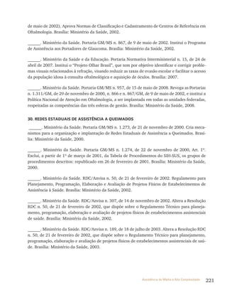 221Assistência de Média e Alta Complexidade
de maio de 2002). Aprova Normas de Classificação e Cadastramento de Centros de Referência em
Oftalmologia. Brasília: Ministério da Saúde, 2002.
______. Ministério da Saúde. Portaria GM/MS n. 867, de 9 de maio de 2002. Institui o Programa
de Assistência aos Portadores de Glaucoma. Brasília: Ministério da Saúde, 2002.
______. Ministério da Saúde e da Educação. Portaria Normativa Interministerial n. 15, de 24 de
abril de 2007. Institui o “Projeto Olhar Brasil”, que tem por objetivo identificar e corrigir proble-
mas visuais relacionados à refração, visando reduzir as taxas de evasão escolar e facilitar o acesso
da população idosa à consulta oftalmológica e aquisição de óculos. Brasília: 2007.
______. Ministério da Saúde. Portaria GM/MS n. 957, de 15 de maio de 2008. Revoga as Portarias
n. 1.311/GM, de 29 de novembro de 2000, n. 866 e n. 867/GM, de 9 de maio de 2002, e institui a
Política Nacional de Atenção em Oftalmologia, a ser implantada em todas as unidades federadas,
respeitadas as competências das três esferas de gestão. Brasília: Ministério da Saúde, 2008.
30. REDES ESTADUAIS DE ASSISTÊNCIA A QUEIMADOS
______. Ministério da Saúde. Portaria GM/MS n. 1.273, de 21 de novembro de 2000. Cria meca-
nismos para a organização e implantação de Redes Estaduais de Assistência a Queimados. Brasí-
lia: Ministério da Saúde, 2000.
______. Ministério da Saúde. Portaria GM/MS n. 1.274, de 22 de novembro de 2000, Art. 1º.
Exclui, a partir de 1º de março de 2001, da Tabela de Procedimentos do SIH-SUS, os grupos de
procedimentos descritos: republicado em 26 de fevereiro de 2001. Brasília: Ministério da Saúde,
2000.
______. Ministério da Saúde. RDC/Anvisa n. 50, de 21 de fevereiro de 2002. Regulamento para
Planejamento, Programação, Elaboração e Avaliação de Projetos Físicos de Estabelecimentos de
Assistência à Saúde. Brasília: Ministério da Saúde, 2002.
______. Ministério da Saúde. RDC/Anvisa n. 307, de 14 de novembro de 2002. Altera a Resolução
RDC n. 50, de 21 de fevereiro de 2002, que dispõe sobre o Regulamento Técnico para planeja-
mento, programação, elaboração e avaliação de projetos físicos de estabelecimentos assistenciais
de saúde. Brasília: Ministério da Saúde, 2002.
______. Ministério da Saúde. RDC/Anvisa n. 189, de 18 de julho de 2003. Altera a Resolução RDC
n. 50, de 21 de fevereiro de 2002, que dispõe sobre o Regulamento Técnico para planejamento,
programação, elaboração e avaliação de projetos físicos de estabelecimentos assistenciais de saú-
de. Brasília: Ministério da Saúde, 2003.
 