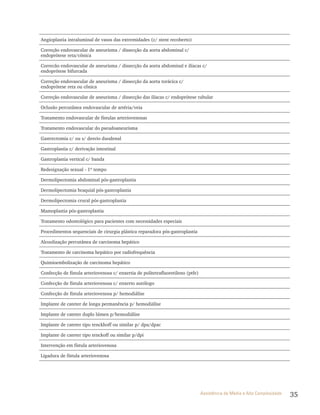 35Assistência de Média e Alta Complexidade
Angioplastia intraluminal de vasos das extremidades (c/ stent recoberto)
Correção endovascular de aneurisma / dissecção da aorta abdominal c/
endoprótese reta/cônica
Correcão endovascular de aneurisma / dissecção da aorta abdominal e ilíacas c/
endoprótese bifurcada
Correção endovascular de aneurisma / dissecção da aorta torácica c/
endoprótese reta ou cônica
Correção endovascular de aneurisma / dissecção das ilíacas c/ endoprótese tubular
Oclusão percutânea endovascular de artéria/veia
Tratamento endovascular de fístulas arteriovenosas
Tratamento endovascular do pseudoaneurisma
Gastrectomia c/ ou s/ desvio duodenal
Gastroplastia c/ derivação intestinal
Gastroplastia vertical c/ banda
Redesignação sexual - 1º tempo
Dermolipectomia abdominal pós-gastroplastia
Dermolipectomia braquial pós-gastroplastia
Dermolipectomia crural pós-gastroplastia
Mamoplastia pós-gastroplastia
Tratamento odontológico para pacientes com necessidades especiais
Procedimentos sequenciais de cirurgia plástica reparadora pós-gastroplastia
Alcoolização percutânea de carcinoma hepático
Tratamento de carcinoma hepático por radiofrequência
Quimioembolização de carcinoma hepático
Confecção de fístula arteriovenosa c/ enxertia de politetrafluoretileno (ptfe)
Confecção de fístula arteriovenosa c/ enxerto autólogo
Confecção de fístula arteriovenosa p/ hemodiálise
Implante de cateter de longa permanência p/ hemodiálise
Implante de cateter duplo lúmen p/hemodiálise
Implante de cateter tipo tenckhoff ou similar p/ dpa/dpac
Implante de cateter tipo tenckoff ou similar p/dpi
Intervenção em fístula arteriovenosa
Ligadura de fístula arteriovenosa
 