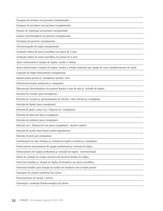 38 CONASS Para entender a gestão do SUS / 2011
Dosagem de sirolimo (em paciente transplantado)
Dosagem de tacrolimo (em paciente transplantado)
Exames de radiologia em paciente transplantado
Exames microbiológicos em paciente transplantado
Sorologia em paciente transplantado
Ultrassonografia de órgão transplantado
Avaliação clínica de morte encefálica em maior de 2 anos
Avaliação clínica de morte encefálica em menor de 2 anos
Ações relacionadas à doação de órgãos, tecidos e células
Acoes relacionadas à doação de órgãos, tecidos e células realizadas por equipe de outro estabelecimento de saúde
Captação de órgão efetivamente transplantado
Hepatectomia parcial p/ transplante (doador vivo)
Nefroureterectomia unilateral p/ transplante
Manutenção hemodinâmica de possível doador e taxa de sala p/ retirada de órgãos
Retirada de coração (para transplante)
Retirada de coração p/ processamento de válvula / tubo valvado p/ transplante
Retirada de fígado (para transplante)
Retirada de globo ocular uni / bilateral (p/ transplante)
Retirada de pâncreas (para transplante)
Retirada de pulmões (para transplante)
Retirada uni / bilateral de rim (para transplante) - doador cadáver
Retirada de tecido ósteo-fascio-condro-ligamentoso
Retirada de pele para transplante
Coordenação de sala cirúrgica p/ retirada de órgãos e tecidos p/ transplante
Deslocamento interestadual de equipe profissional p/ retirada de órgãos
Deslocamento de equipe profissional p/ retirada de órgãos - intermunicipal
Diária de unidade de terapia intensiva de provável doador de órgãos
Entrevista familiar p/ doação de órgãos de doadores em morte encefálica
Entrevista familiar para doação de tecidos de doadores com coração parado
Contagem de células endoteliais da córnea
Processamento de córnea / esclera
Separação e avaliação biomicroscópica da córnea
 