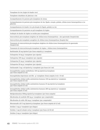 40 CONASS Para entender a gestão do SUS / 2011
Transplante de rim (órgão de doador vivo)
Transplante simultâneo de pâncreas e rim
Acompanhamento de paciente pós-transplante de córnea
Acompanhamento de paciente pós-transplante de rim, fígado, coração, pulmão, células-tronco hematopoéticas e/ou
pâncreas
Acompanhamento de doador vivo pós-doação de fígado, pulmão ou rim
Acompanhamento de pacientes no pré-transplante de órgãos
Avaliação do doador de órgãos ou tecidos para transplantes
Intercorrência pós-transplante alogênico de células-tronco hematopoéticas - não aparentado (hospital dia)
Intercorrência pós-transplante autogênico de células-tronco hematopoéticas (hospital dia)
Tratamento de intercorrência pós-transplante alogênico de células-tronco hematopoéticas de aparentado
(hospital dia)
Tratamento de intercorrência pós-transplante de órgãos / células-tronco hematopoéticas
Basiliximabe 20 mg injetável (por frasco-ampola) p/ transplante
Ciclosporina 10 mg p/ transplante (por cápsula)
Ciclosporina 100 mg p/ transplante (por cápsula)
Ciclosporina 25 mg p/ transplante (por cápsula)
Ciclosporina 50 mg p/ transplante (por cápsula)
Daclizumabe 5 mg/ ml injetável p/ transplante (por frasco de 5 ml)
Imunoglobulina equina antilinfócitos 100 mg injetável p/transplante
(por frasco-ampola 0,5 ml)
Imunoglobulina hiperimune anti-hbs - p/ transplante (frasco-ampola 2 ml e 10 ml)
Imunoglobulina obtida/coelho antitimócitos humanos 100 mg injetável p/ transplante
(por frasco-ampola 0,5 ml)
Imunoglobulina obtida/coelho antitimócitos humanos 25 mg injetável p/transplante
(por frasco-ampola 0,5 ml)
Imunoglobulina obtida/coelho antitimócitos humanos 200 mg injetável p/ transplante
(por frasco-ampola 10 ml)
Metilprednisolona 500mg injetável p/transplante (por frasco-ampola)
Micofenolato de mofetila 500 mg p/ transplante (por comprimido)
Micofenolato de sódio 360 mg p/ transplante (por comprimido)
Muromonabe cd3 5 mg injetável p/transplante (por frasco-ampola de 0,5 ml)
Sirolimo 1 mg p/ transplante (por drágea)
Sirolimo 1 mg/ml solução oral p/ transplante (por frasco de 60 ml)
Sirolimo 2 mg p/ transplante (por drágea)
 