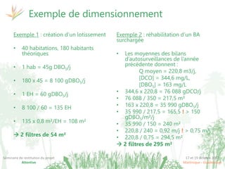17 et 19 octobre 2017
Martinique - Guadeloupe
Séminaire de restitution du projet
Attentive
Exemple de dimensionnement
Exemple 1 : création d’un lotissement
• 40 habitations, 180 habitants
théoriques
• 1 hab = 45g DBO5/j
• 180 x 45 = 8 100 gDBO5/j
• 1 EH = 60 gDBO5/j
• 8 100 / 60 = 135 EH
• 135 x 0,8 m²/EH = 108 m²
 2 filtres de 54 m²
Exemple 2 : réhabilitation d’un BA
surchargée
• Les moyennes des bilans
d’autosurveillances de l’année
précédente donnent :
Q moyen = 220,8 m3/j,
[DCO] = 344,6 mg/L,
[DBO5] = 163 mg/L
• 344,6 x 220,8 = 76 088 gDCO/j
• 76 088 / 350 = 217,5 m²
• 163 x 220,8 = 35 990 gDBO5/j
• 35 990 / 217,5 = 165,5 ! > 150
gDBO5/m²/j
• 35 990 / 150 = 240 m²
• 220,8 / 240 = 0,92 m/j ! > 0,75 m/j
• 220,8 / 0,75 = 294,5 m²
 2 filtres de 295 m²
 