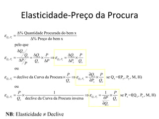Elasticidade-Preço da Procura
              ∆% Quantidade Procurada do bem x
ε Qx , Px =
                     ∆% Preço do bem x
            pelo que
              ∆Qx
                  Qx ∆Qx P                   ∆Qx P
ε Qx , Px   =        =    ×    ⇒ ε Qx , Px =    ×
               ∆P      Qx ∆P                 ∆Px Qx
                  P
            ou
                                            P               ∂Q   P
ε Qx , Px = declive da Curva da Procura ×      ⇒ ε Qx , Px = x ×   se Q x =f(Px , Py , M, H)
                                            Qx              ∂Px Qx
            ou
              P                   1                                 1    P
ε Qx , Px   =   ×                                    ⇒ ε Qx , Px =     ×   se Px =f(Q x , Py , M, H)
              Qx declive da Curva da Procura inversa               ∂P Qx
                                                                   ∂Qx

 NB: Elasticidade ≠ Declive
 