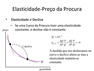 Elasticidade-Preço da Procura
  •     Elasticidade ≠ Declive
        – Se uma Curva da Procura tiver uma elasticidade
preço     constante, o declive não é constante.

                                        Qx = aPx − b
                                                      ∆Q P dQ P
                                        ε Qx , Px =       =     = −b
                                                      ∆P Q dP Q
               ↓ declive
                                   À medida que nos deslocamos na
                                   curva o declive altera-se mas a
                                   elasticidade mantém-se
                            D      constante.

                           quantidade
 