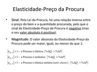 Elasticidade-Preço da Procura
•      Sinal: Pela Lei da Procura, há uma relação inversa entre
       o preço do bem e a quantidade procurada, pelo que o
       sinal da Elasticidade-Preço da Procura é negativo (mas
       o seu valor absoluto é positivo).
•      Magnitude: O valor absoluto da Elasticidade-Preço da
       Procura pode ser maior, igual, ou menor do que 1:

    ε Qx , P > 1 − a Procura é elástica [ % ∆Qx > % ∆P ]
    ε Qx , P < 1 − a Procura é inelástica [ % ∆Qx < %∆P ]
    ε Qx , P = 1 − a Procura é elástica unitária (unit elastic) [ % ∆Qx = % ∆P ]
 