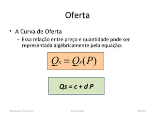 Oferta
• A Curva de Oferta
      –    Essa relação entre preço e quantidade pode ser
           representada algébricamente pela equação:


                        Qs = Qs (P )

                          Qs = c + d P


Introdução à Economia          joão de pina                 Slide 69
 