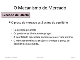 O Mecanismo de Mercado
Excesso de Oferta
Excesso de Oferta

         O preço de mercado está acima do equilíbrio

           ◦   Há excesso de oferta
           ◦   Os produtores diminuem os preços
           ◦   A quantidade procurada aumenta e a ofertada diminui
           ◦   O mercado continua a se ajustar até que o preço de
               equilíbrio seja atingido.



 Introdução à Economia            joão de pina                 Slide 80
 