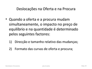 Deslocações na Oferta e na Procura

• Quando a oferta e a procura mudam
  simultaneamente, o impacto no preço de
  equilíbrio e na quantidade é determinado
  pelos seguintes factores:
     1) Direcção e tamanho relativo das mudanças;
     2) Formato das curvas de oferta e procura;



Introdução à Economia         joão de pina           Slide 89
 