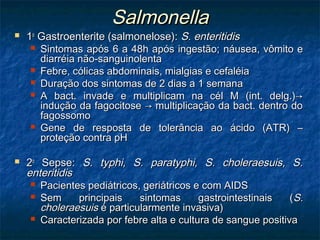 SalmonellaSalmonella
 11oo
Gastroenterite (salmonelose):Gastroenterite (salmonelose): S. enteritidisS. enteritidis
 Sintomas apósSintomas após 6 a 48h após ingestão;6 a 48h após ingestão; náusea, vômito enáusea, vômito e
diarréia não-sanguinolentadiarréia não-sanguinolenta
 Febre, cólicas abdominais, mialgias e cefaléiaFebre, cólicas abdominais, mialgias e cefaléia
 Duração dos sintomas de 2 dias a 1 semanaDuração dos sintomas de 2 dias a 1 semana
 A bact. invade e multiplicam na cél M (int. delg.)→A bact. invade e multiplicam na cél M (int. delg.)→
indução da fagocitose → multiplicação da bact. dentro doindução da fagocitose → multiplicação da bact. dentro do
fagossomofagossomo
 Gene de resposta de tolerância ao ácido (ATR) –Gene de resposta de tolerância ao ácido (ATR) –
proteção contra pHproteção contra pH
 22oo
Sepse:Sepse: S. typhi, S. paratyphi, S. choleraesuis, S.S. typhi, S. paratyphi, S. choleraesuis, S.
enteritidisenteritidis
 Pacientes pediátricos, geriátricos e com AIDSPacientes pediátricos, geriátricos e com AIDS
 Sem principais sintomas gastrointestinais (Sem principais sintomas gastrointestinais (S.S.
choleraesuischoleraesuis é particularmente invasiva)é particularmente invasiva)
 Caracterizada por febre alta e cultura de sangue positivaCaracterizada por febre alta e cultura de sangue positiva
 