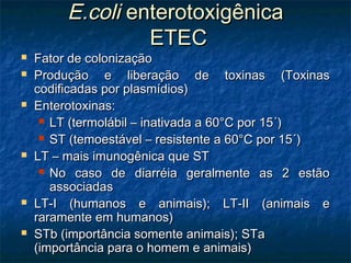 E.coliE.coli enterotoxigênicaenterotoxigênica
ETECETEC
 Fator de colonizaçãoFator de colonização
 Produção e liberação de toxinas (ToxinasProdução e liberação de toxinas (Toxinas
codificadas por plasmídios)codificadas por plasmídios)
 Enterotoxinas:Enterotoxinas:
 LT (termolábil – inativada a 60°C por 15´)LT (termolábil – inativada a 60°C por 15´)
 ST (temoestável – resistente a 60°C por 15´)ST (temoestável – resistente a 60°C por 15´)
 LT – mais imunogênica que STLT – mais imunogênica que ST
 No caso de diarréia geralmente as 2 estãoNo caso de diarréia geralmente as 2 estão
associadasassociadas
 LT-I (humanos e animais); LT-II (animais eLT-I (humanos e animais); LT-II (animais e
raramente em humanos)raramente em humanos)
 STb (importância somente animais); STaSTb (importância somente animais); STa
(importância para o homem e animais)(importância para o homem e animais)
 
