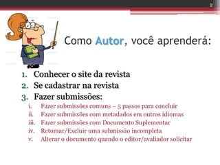 Como Autor, você aprenderá:
1. Conhecer o site da revista
2. Se cadastrar na revista
3. Fazer submissões:
i. Fazer submissões comuns – 5 passos para concluir
ii. Fazer submissões com metadados em outros idiomas
iii. Fazer submissões com Documento Suplementar
iv. Retomar/Excluir uma submissão incompleta
v. Alterar o documento quando o editor/avaliador solicitar
2
 