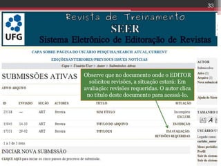 Observe que no documento onde o EDITOR
solicitou revisões, a situação estará: Em
avaliação: revisões requeridas. O autor clica
no título deste documento para acessá-lo.
33
 