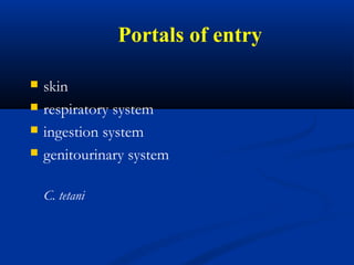 Portals of entry
 skin
 respiratory system
 ingestion system
 genitourinary system
C. tetani
 