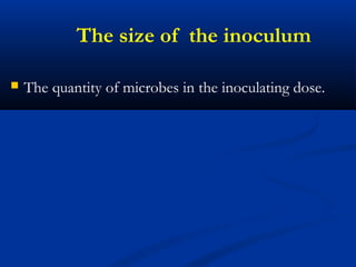 The size of the inoculum
 The quantity of microbes in the inoculating dose.
 