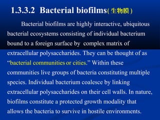 Bacterial biofilms are highly interactive, ubiquitous
bacterial ecosystems consisting of individual bacterium
bound to a foreign surface by complex matrix of
extracellular polysaccharides. They can be thought of as
“bacterial communities or cities.” Within these
communities live groups of bacteria constituting multiple
species. Individual bacterium coalesce by linking
extracellular polysaccharides on their cell walls. In nature,
biofilms constitute a protected growth modality that
allows the bacteria to survive in hostile environments.
1.3.3.2 Bacterial biofilms( 生物膜 )
 