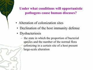 •  Alteration of colonization sites 
•  Declination of the host immunity defense 
•  Dysbacteriosis 
–  the state in which the proportion of bacterial 
species and the number of the normal flora 
colonizing in a certain site of a host present 
large­scale alteration
Under what conditions will opportunistic
pathogens cause human diseases?
 